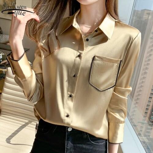 Korean Ladies Elegant Satin Silk Shirt Vintage Long Sleeve Professional Blouse Women 2021 New Fashion Chiffon Pocket Tops 12804