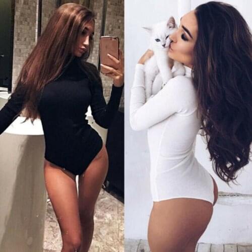 Women Ladies Sexy Casual Long Sleeve Turtleneck Black/White Slim Fit Skinny Club Bodysuits Stretch Leotard Rompers