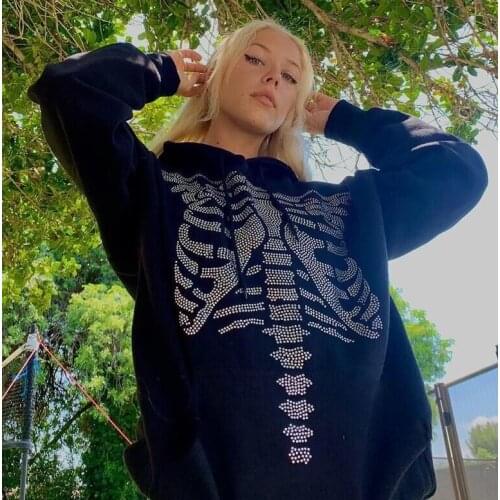 Y2k Ladies Casual Style Loose Hoodie Spring And Autumn 90s Girls Creative Sternum Pattern Rhinestone Decoration Long-Sleeved Top