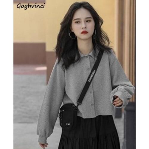 Women No Hat Hoodies Streetwear Solid Turn-down Collar Slim Short All-match Korean Style Elegant Button Long Sleeve Sweet Casual