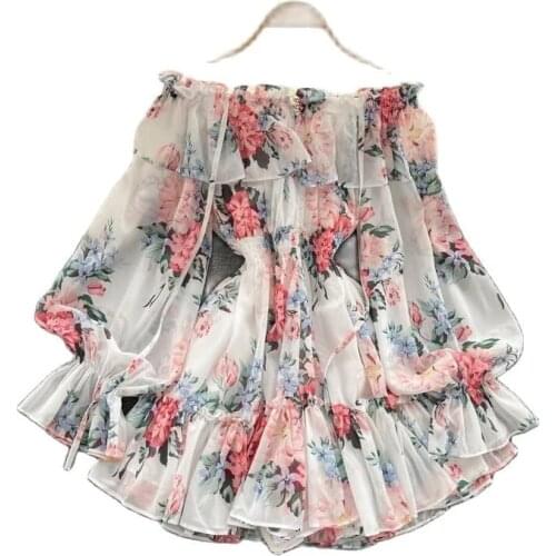 New Summer Beach Vacation Ladies Sexy Strapless Lantern Sleeve Sweet Floral Jumpsuit Short Chiffon Print Dress Pants Trend