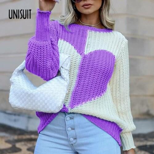 Women Sweater Autumn Winter Ladies Elegant O Neck Love Print Patchwork Knitted Sweaters Fashion Long Sleeve Casual Loose Sweater