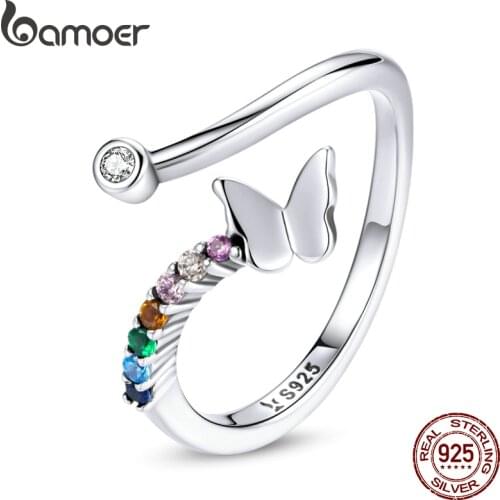 Bamoer 925 Sterling Silver Rainbow Butterfly Finger Ring Colorful Stone Adjustable Open Ring for Women Fashion Jewelry SCR730