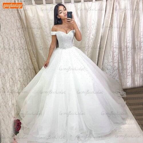 White Pearls Wedding Gowns 2020 robe de mariee Ivory Lace Up Beaded Tulle Ball Gown Bridal Dresses Long Women vestidos de noiva
