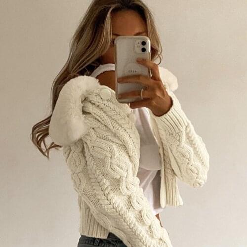 Winter Vintage Knitted Sweater Outerwear Faux Fur Trim Collar Cardigan Furry Long Sleeve Short Jumpers Y2K Ladies Sweater