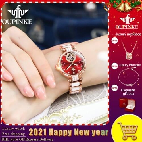OUPINKE Top Luxury Brand Automatic Mechanical Women Watch Tungsten Steel Watchstrap Waterproof Gift Box Automatic Watches Women