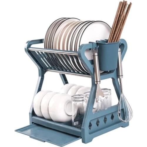 2021 New Double Layer Kitchen Dish Plate Drain Rack with Drainboard Hanging Hook Bowl Utensil Glass Cup Organizer Storage Holder