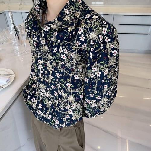 2021 Autumn Korean style Personality Hollow embroidery shirts men casual loose wild retro flower shirts M-XL
