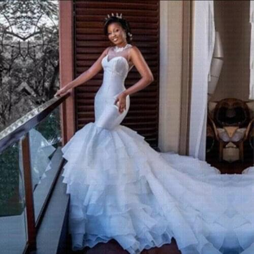 New Ruffles African Mermaid Wedding Dresses 2021 Lace up Back Amazing Train Arabic Bridal Gowns