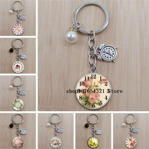 New style rose round clock glass cabochon keychain handmade jewelry keychain pendant car decoration gift