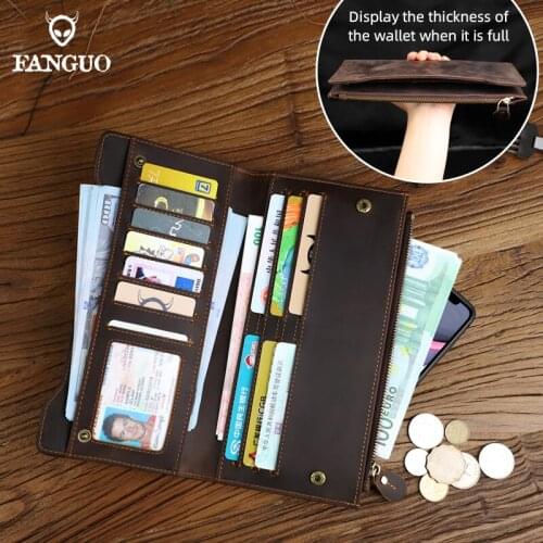 Portable Mens Long Wallet Genuine Leather Credit Card Slot Clutch Wallets Large Capacity Business ID Holder Money Bag Handbag