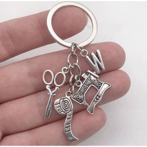 Retro Tailor Shop Scissors Sewing Machine Tape Measure Iron Clothing Designer Keychain Letter Keychain