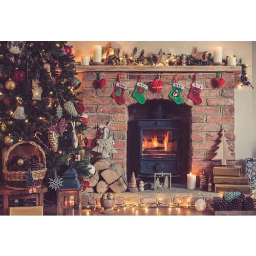Christmas Fireplace Photography Backdrop With Christmas Tree Party Ladder Vinyl Background Photography Backdrop