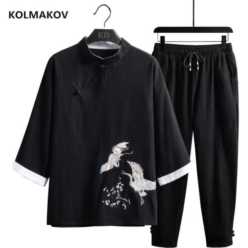 Shirt + trousers) spring men shirt Man Cotton and linen printing shirts mens High quality casual fashion shirts men size M-5XL