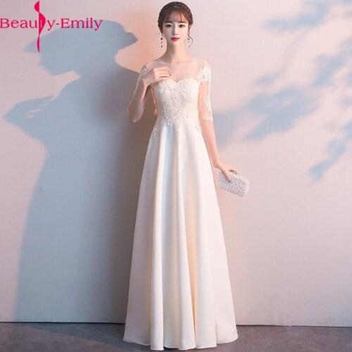 Sexy O Neck Appliques Lace Half Sleeve Evening Dress Long Charming Champagne Zipper Back Floor Length Women Formal Party Gowns