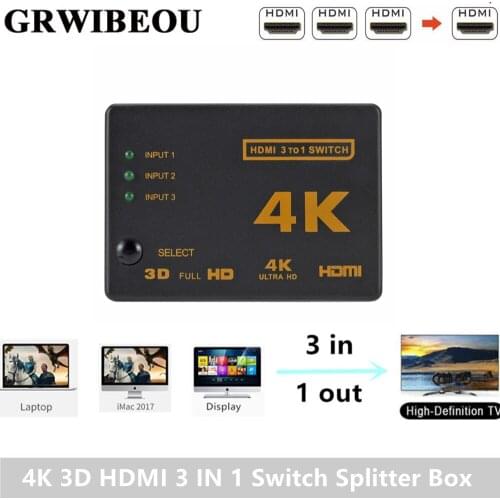 Grwibeou Mini HDMI Switcher 4K HD1080P 3 Ports HDMI Switcher Selector Splitter With Hub IR Remote Controller For HDTV DVD TV BOX