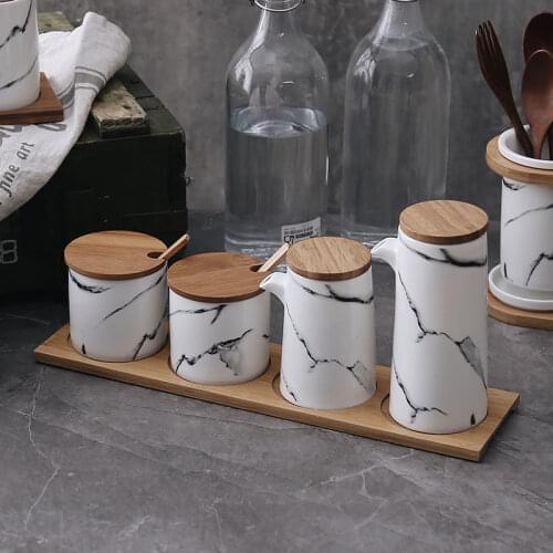Nordic Villa Kitchen Wood Decor Ceramic Marble Pattern Seasoning Jar