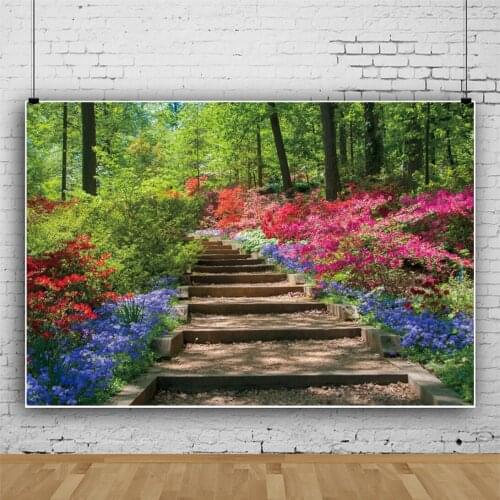 Stone Steps Roadside Flowers Portrait Photography Backdrop Decor Outdoor Scenery Photo Background Studio Photocall Props