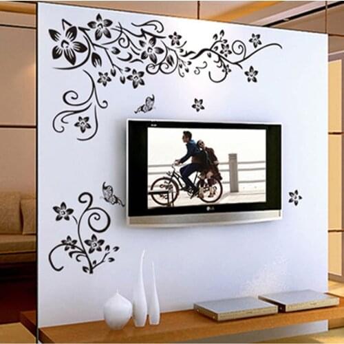 Black Flower Vine TV Decoration Beautiful Butterfly Wall Stickers Vinyl Wall Decals Adesivo De Parede DIY Home Televisions Decor