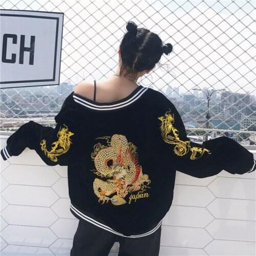 Korean Streetwear Warm Thick Velvet Embroidery Japanese Dragon Loose Plus Size Zipper Jacket Oversized Coat Tracksuit Outerwear