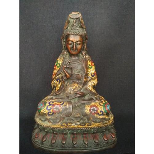 YIZHU CULTUER ART H9'' Collected Old China Bronze Cloisonne Avalokitesvara Statue Decoration