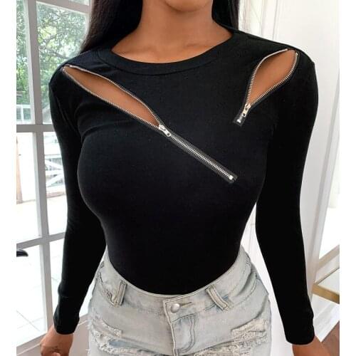 Chemise Chemisier Fermeture Éclair Hors Epaule Dames Élégantes Tops De Loisirs Pulls Automne O-cou T-shirt Femme