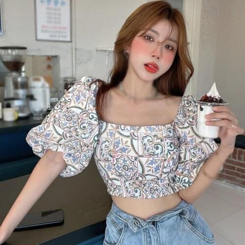Womens Floral Print Off Shoulder Blouses Sweet Exposed Navel Chiffon Puff Short Sleeve Tops New