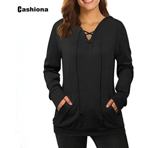 Plus size 3xl Women Hooded Sweatshirts New Autumn Long Sleeve Black Gray Hoodies Tops Femme Lace-up V-neck Casual Sweatshirt