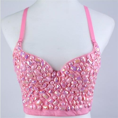 Fashion Pink Womens Shiny Diamonds Sling Feminine Short Crop Top Bungee Underwear Tank Tops Sexy Black Stage Costume Bras