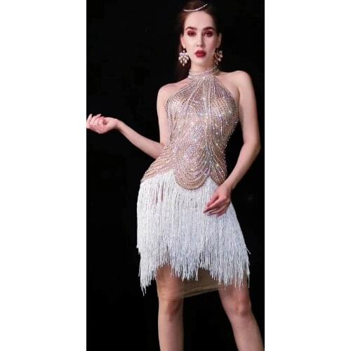 2020 New Flashing Rhinestones Chains Dress Womens Birthday Celebrate White Fringes Outfit Dancer Clothes Bar Prom Dress