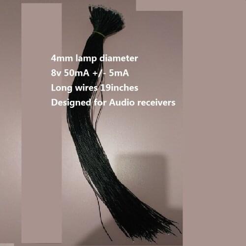 20 pcs of 4mm Lead wire style Incandescent bulbs designed with 8v 50mA for Audio Receivers, Long Black Wire length at 19inches