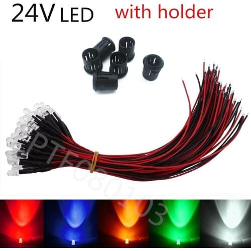 20pcs 50pcs 100pcs 24V DC 3mm/5mm Red/Green/Blue/RGB Round Pre-Wired Water Clear LED With Plastic Holder