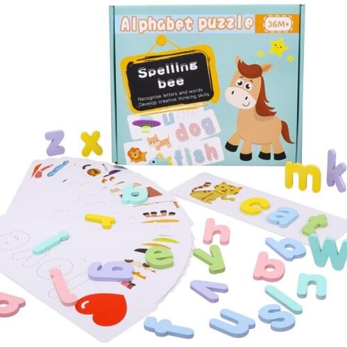 26Pcs Wood Macaron Spelling Words Puzzles Toy Lowercase English Alphabet Letters Toys for Children Cartoon Learning Cards Gift