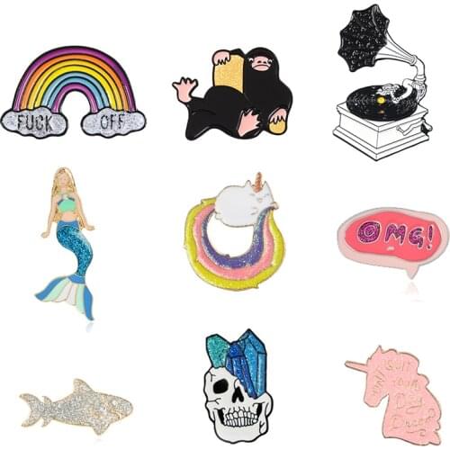 Buling Buling Glistening Enamel Pins Collentions Rainbow Mermaid Skull Skeleton Unicorn Gramophone Fish Brooches Lapel Pin