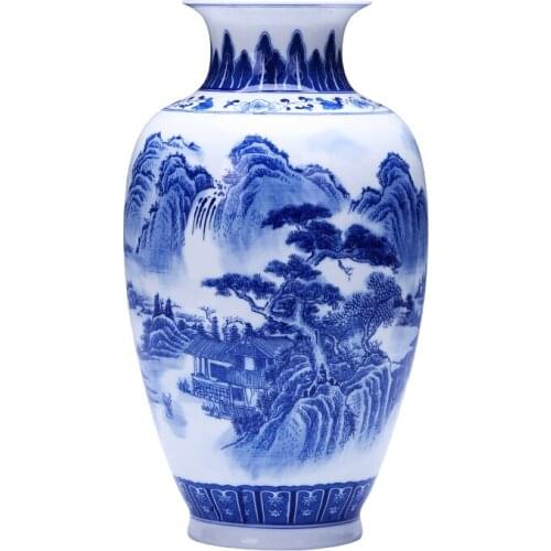 Jingdezhen Porcelain Blue And White Ceramic Vase Ornament Landscape Thin Body Chinese Style Living Room Flower Arrangement House