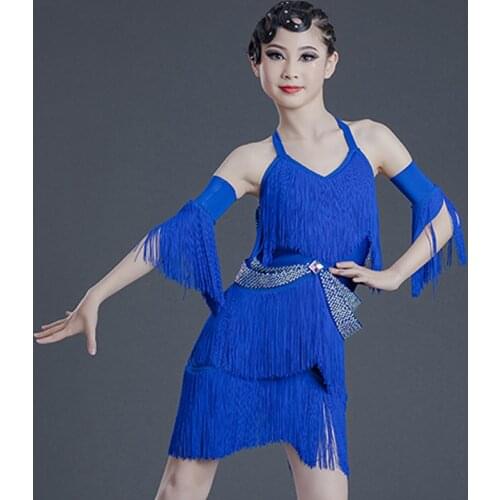 Kids Latin Dance Performance Dress Girls Rhinestone Blue Tassels Dancing Outfit Rumba Dance Dress Latin Competition Wear BL6928