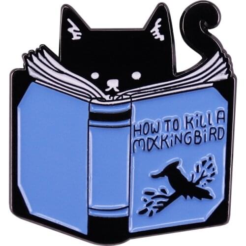 Cartoon Cat Read Book How To Kill A Mocking Bird Magic Book for kitty lover Metal Enamel Lapel Clothes Coats Badge Brooch Pin