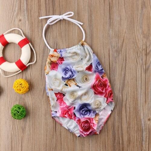 New Arrival Toddler Baby Girl Swimsuit Rose Flower Print Halter Bandage Halter Bikini Suit 2-8 Years Old