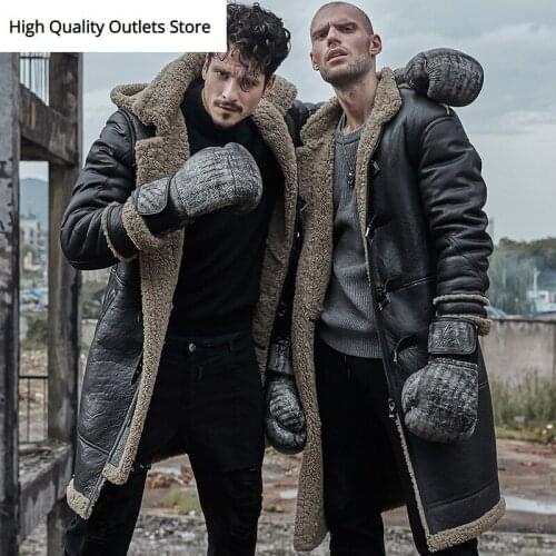 Men Genuine Leather Jacket Real Leather Fur Coats Long Man Original Ecological Sheepskin Coat Hood Shearling Winter Thick Parka