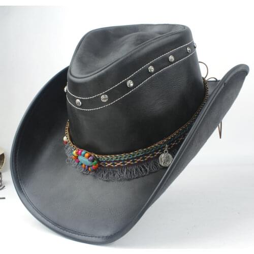 Men Women Western Cowboy Leather Hat With Tassel Ribbon Winter Wide Brim Hat Size 58-59CM Black