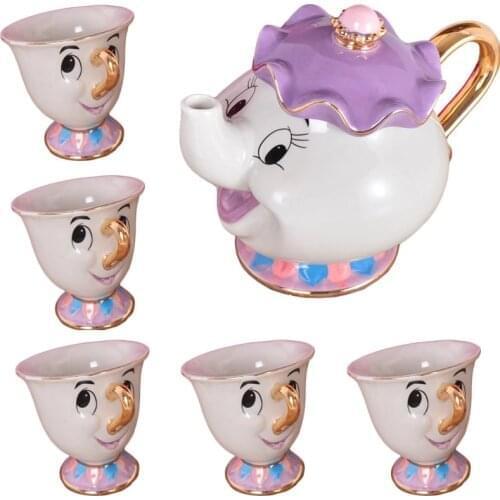 New Cartoon Beauty And The Beast Tea Set Mrs Potts Chip Cup Set Sugar Bowl Mug [ 1 Pot + 5 Cups ] Childs Gift