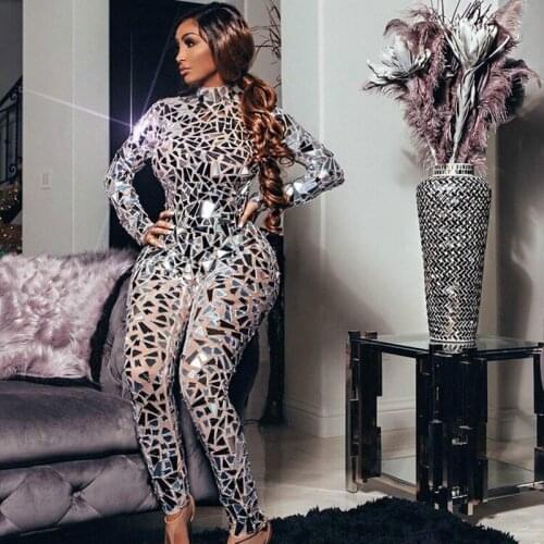 New Style Shining Silver Mirrors Jumpsuit Mesh Dance Costume Women stage Performance Dance Net Yarn Bodysuit Sexy Nightclub Wear