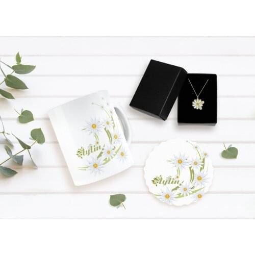 Personalized Daisy Themed Mug Coaster and Double Is Daisy Necklace Seti-1