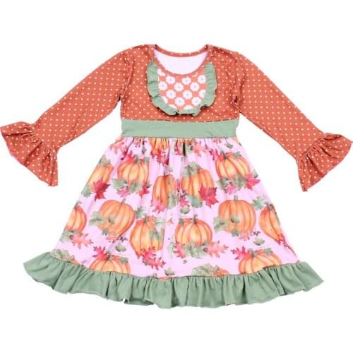 New Thanksgiving Fall/winter Pumpkin Long Ruffle Sleeve Dress Baby Kids Girls Orange Dot Boutique Milk Silk Dress Knee Length