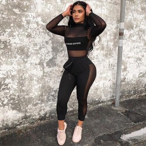 Sexy Mesh TWO PIECE SET Matching Outfits Nightclub 2 Pcs Suit Jogger Pants See Through Hollow Out Transparent Women Clothes Club