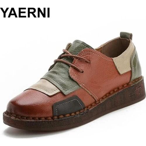 YAERNI Spring Autumn Fashion Loafers 100% Genuine Leather Single Shoes Soft Casual Flat Shoes Women Flats mother shoes 35-41