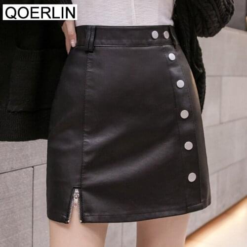 QOERLIN Vintage Girly PU Leather A-Line Skirt with Safe Shorts High Waist Back Zipper Washed Short Mini Skirt Women Summer Saias