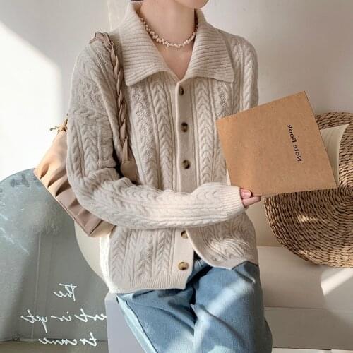 Vintage Twisted Turn-down Collar Sweater Coat Spring Autumn Casual Single Breasted Knitted Cardigan Solid Knitwear