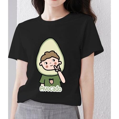 Harajuku Women T-shirt Classic Black O-Neck Office Worker Commute Short-sleeved Tops Cartoon Avocado Pattern Series Tee Shirt