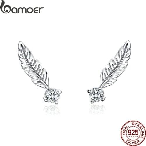BAMOER Small Feather Stud Earrings for Women Boho Style Summer Jewelry 925 Sterling Silver Studs Jewelry Anti-allergy SCE610